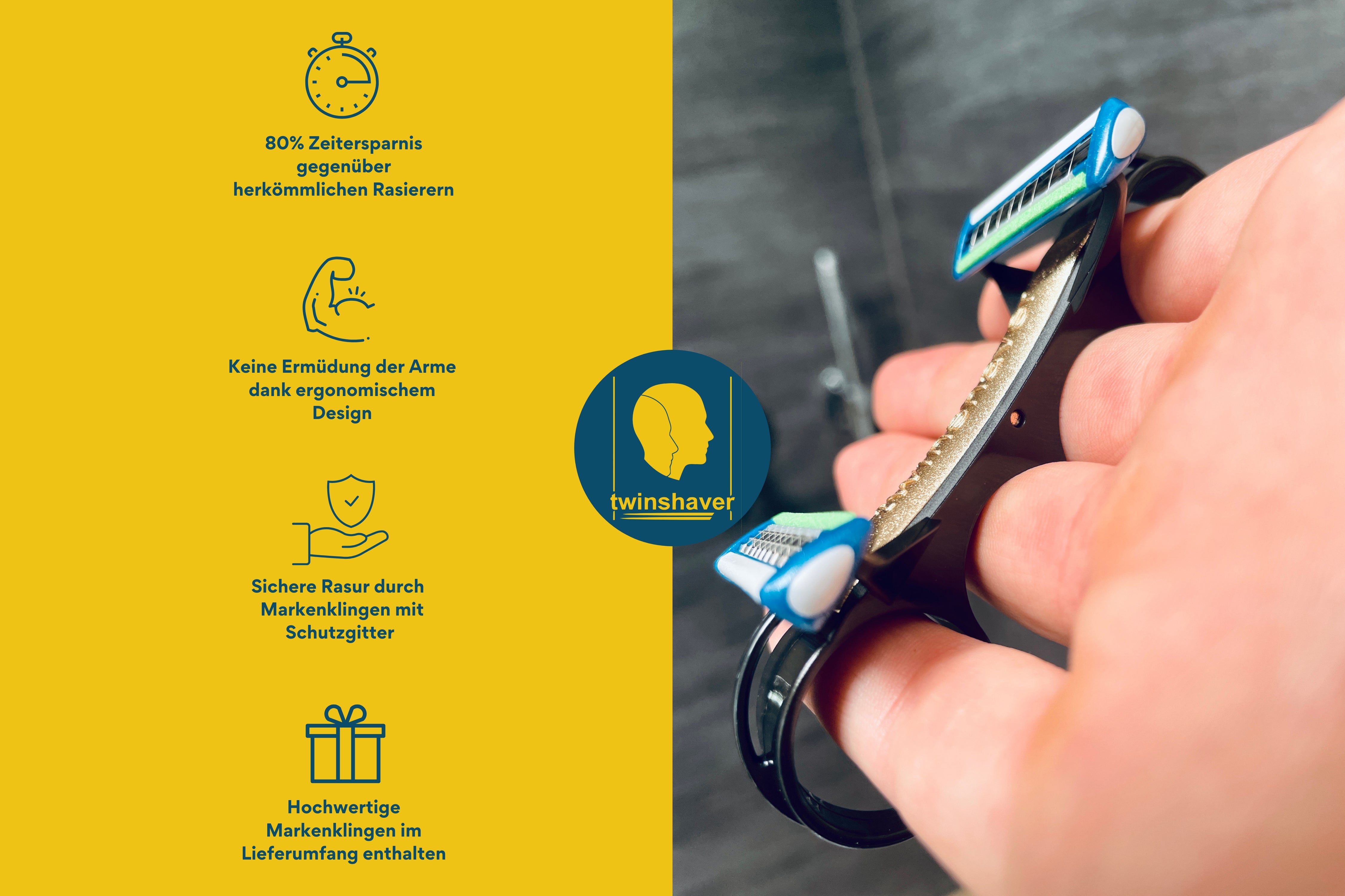 twinshaver – Der weltweit erste Einhand-Kopfrasierer für das sichere Glatze rasieren - schwarz